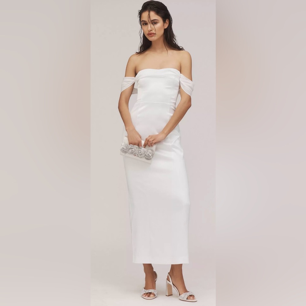 NWOT | BHLDN Off-The-Shoulder Lace-Up Satin Column Midi Dress